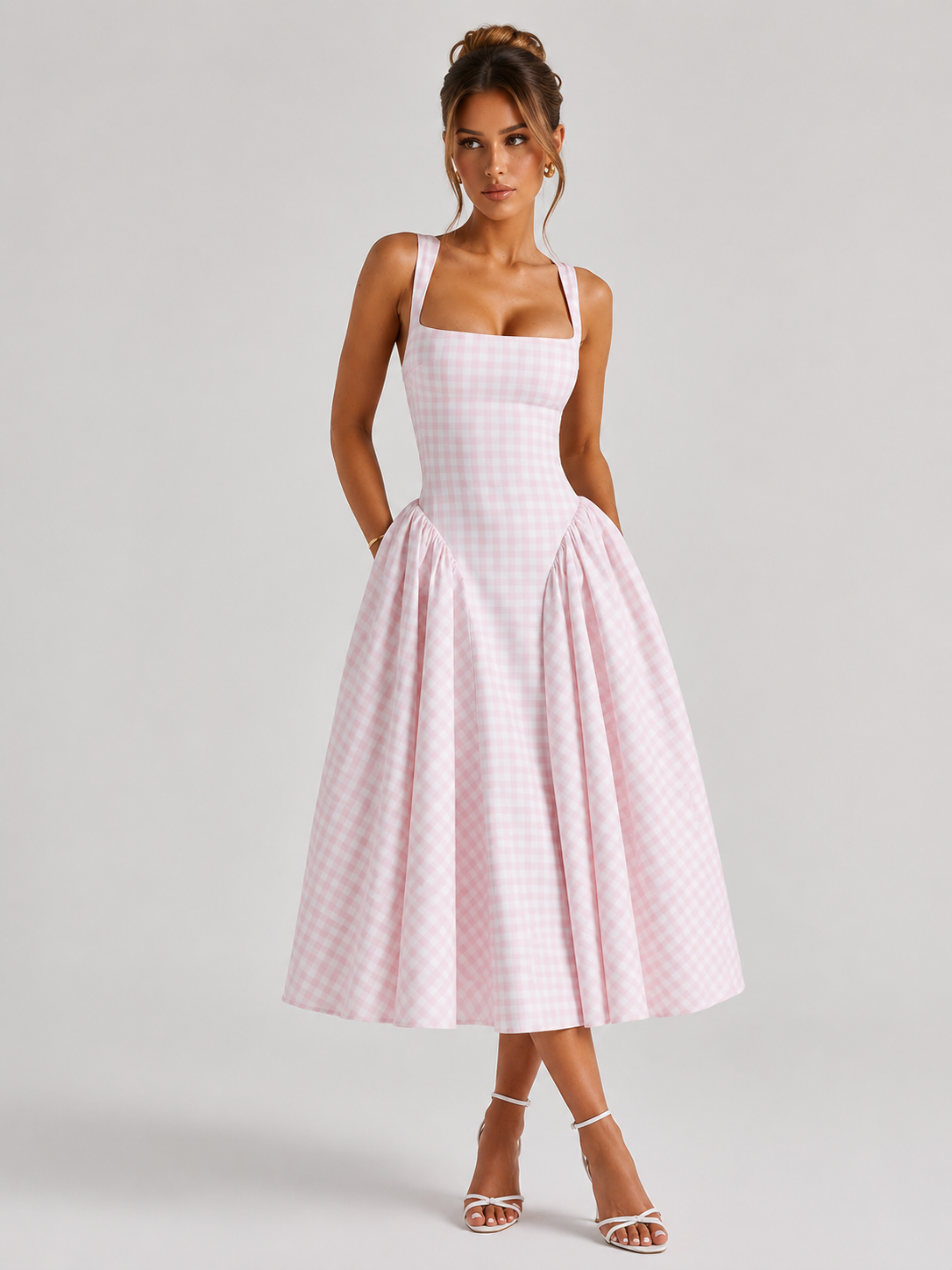 Verity | Sculpted Waist Full Skirt Gingham Midi Dress
