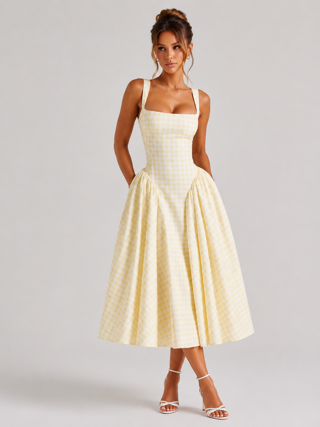 Verity | Sculpted Waist Full Skirt Gingham Midi Dress