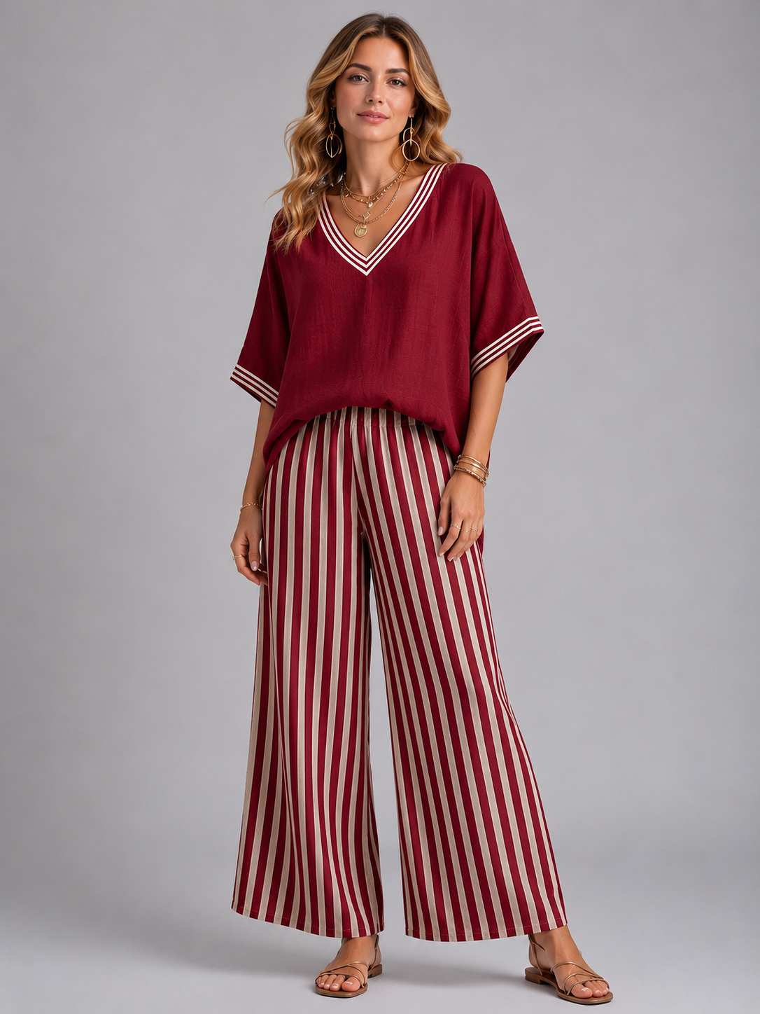 Imogen | Linen-Look V-Neck Wide-Leg Two-Piece Set