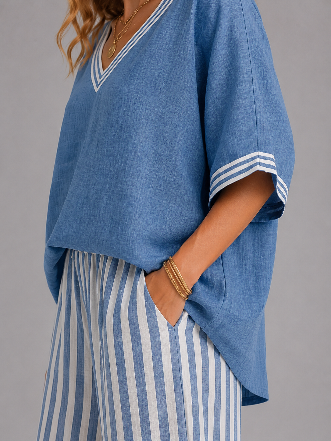Imogen | Linen-Look V-Neck Wide-Leg Two-Piece Set