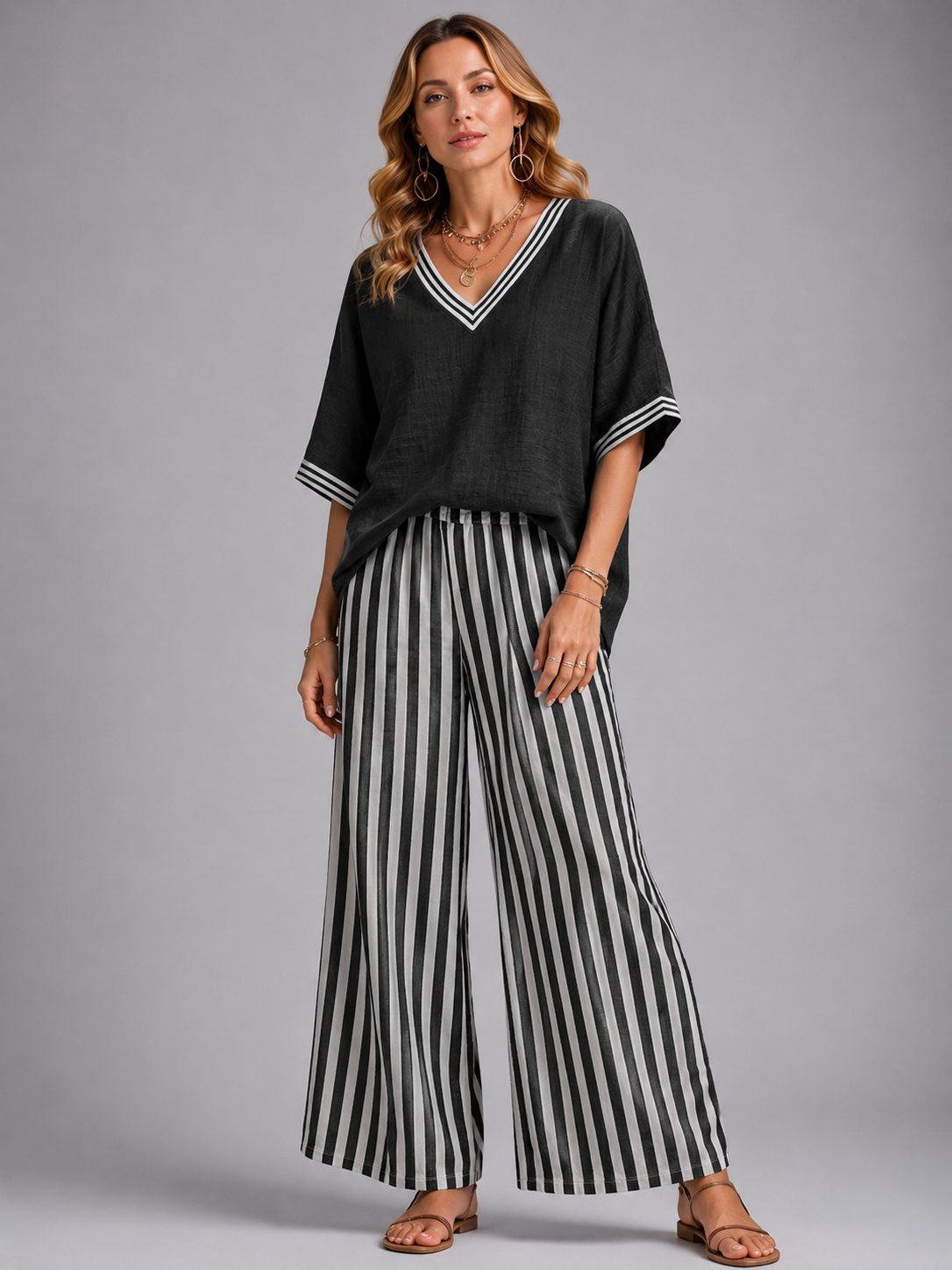Imogen | Linen-Look V-Neck Wide-Leg Two-Piece Set