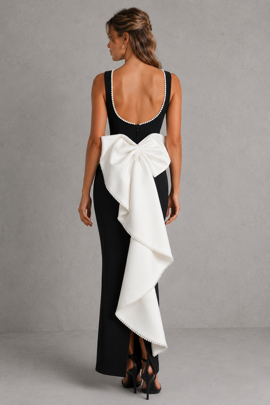 Leonora | Pearl Trim Detachable Bow Column Midi Dress