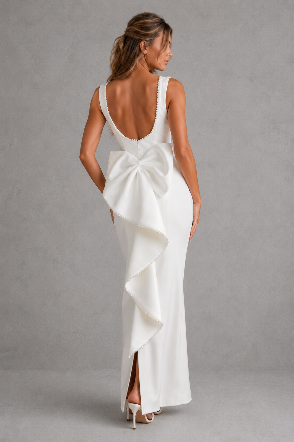 Leonora | Pearl Trim Detachable Bow Column Midi Dress