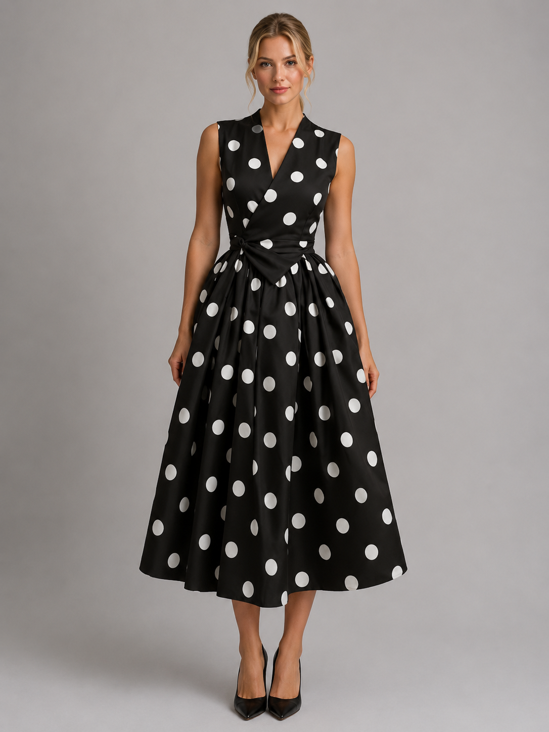 Dahlia | Sleeveless V-Neck Polka Dot Midi Dress