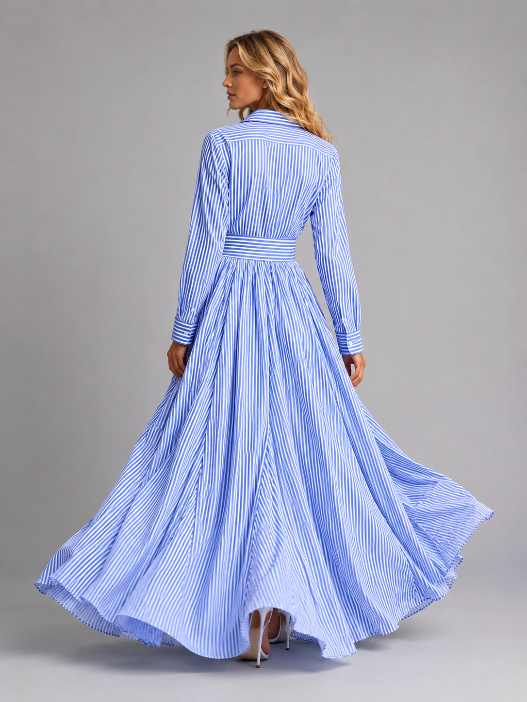 Edith | Cinched Waist Striped Shirt Maxi Dress