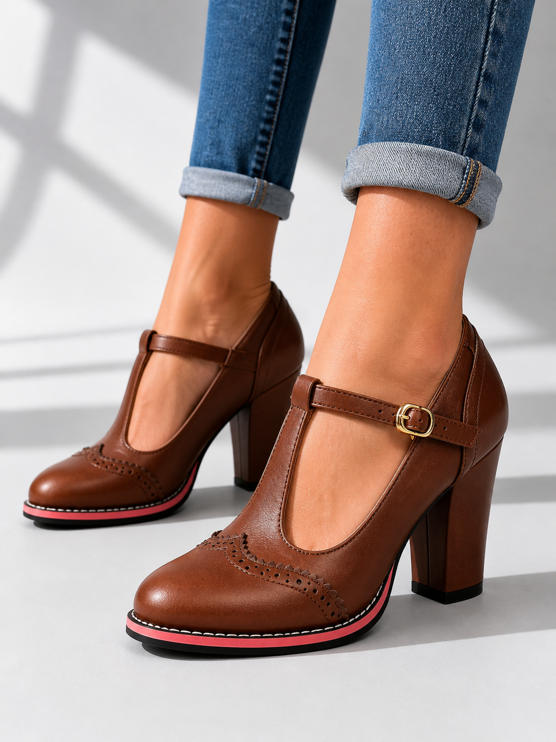 Orsini | Brogue T-Bar Block Heel Shoes