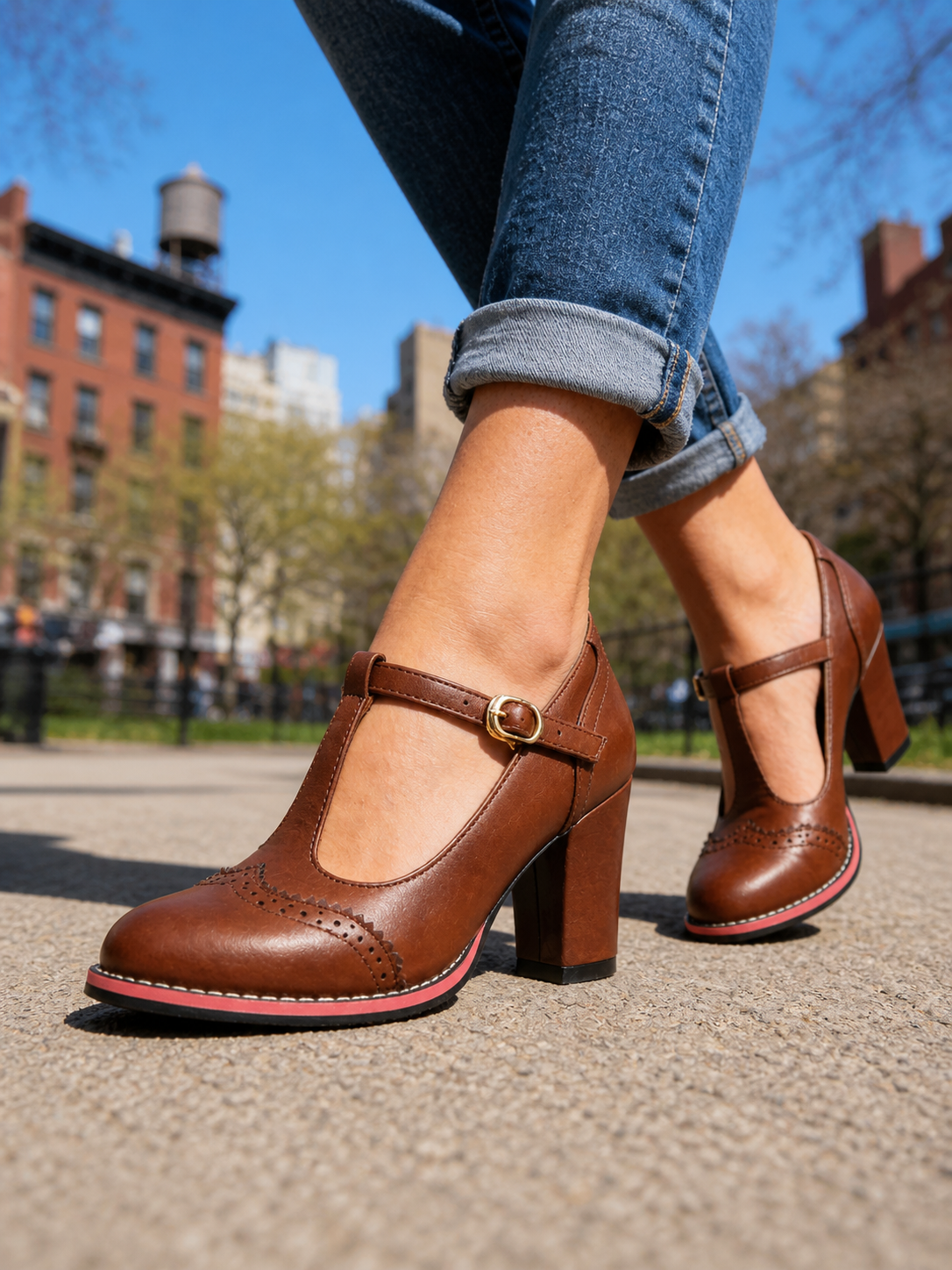 Orsini | Brogue T-Bar Block Heel Shoes