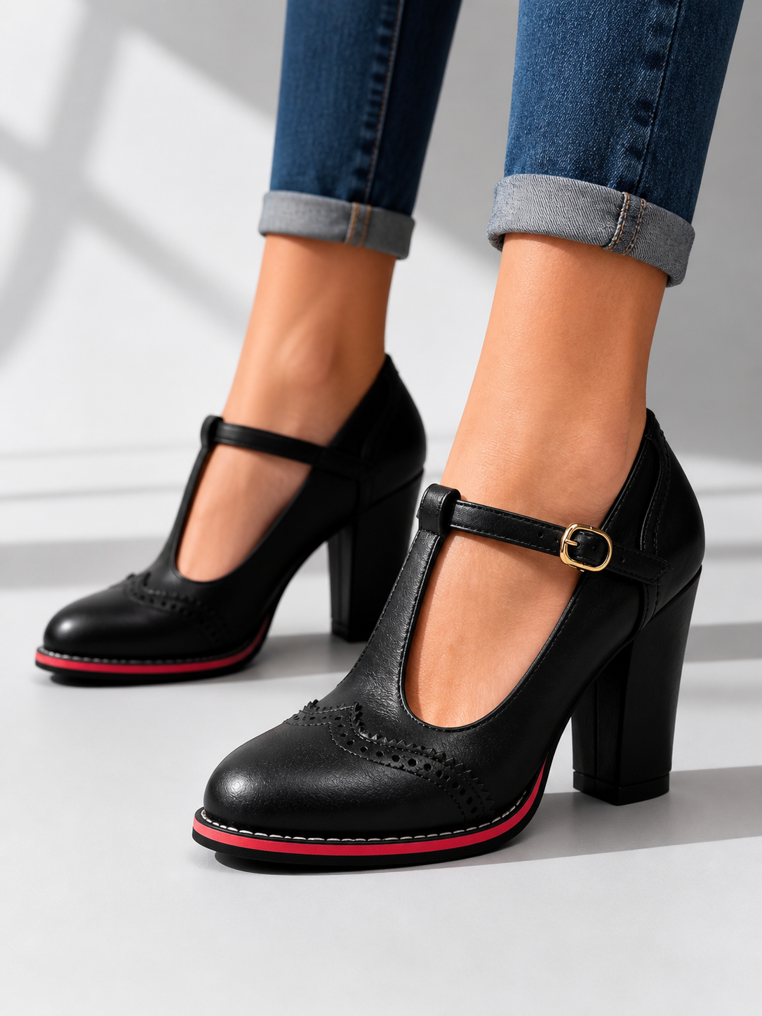Orsini | Brogue T-Bar Block Heel Shoes