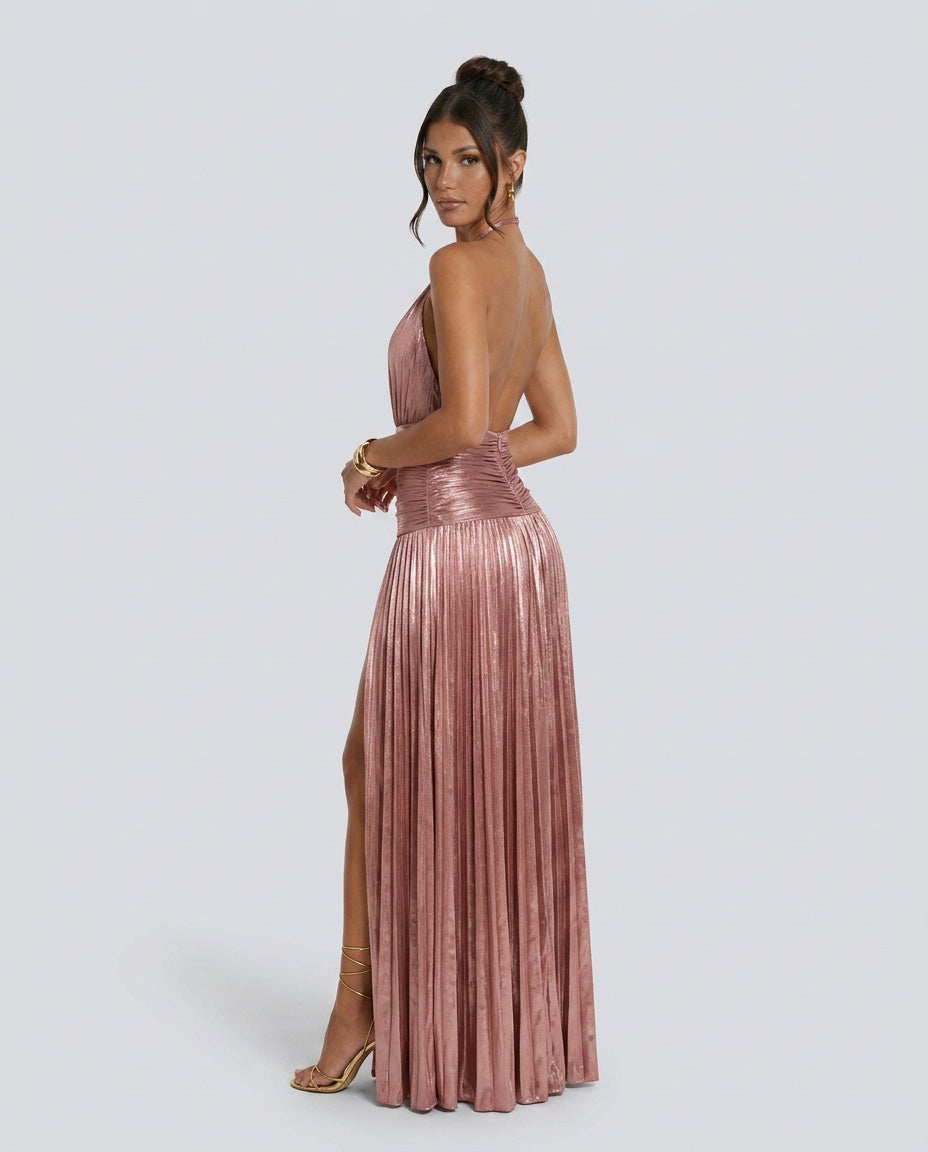 Wren | Halter Neck Pleated High Split Maxi Dress