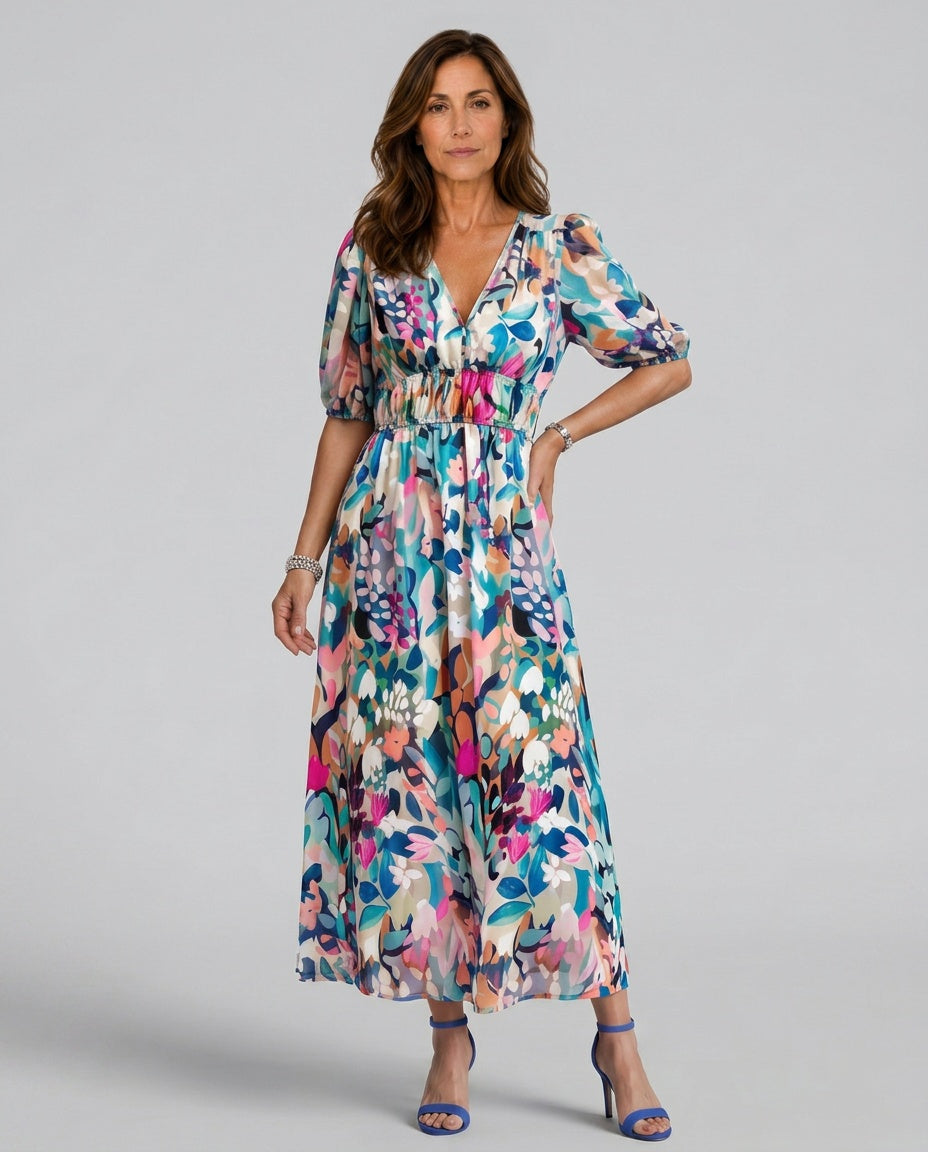 Coralie | Puff Sleeve V-Neck Abstract Print Midi Dress
