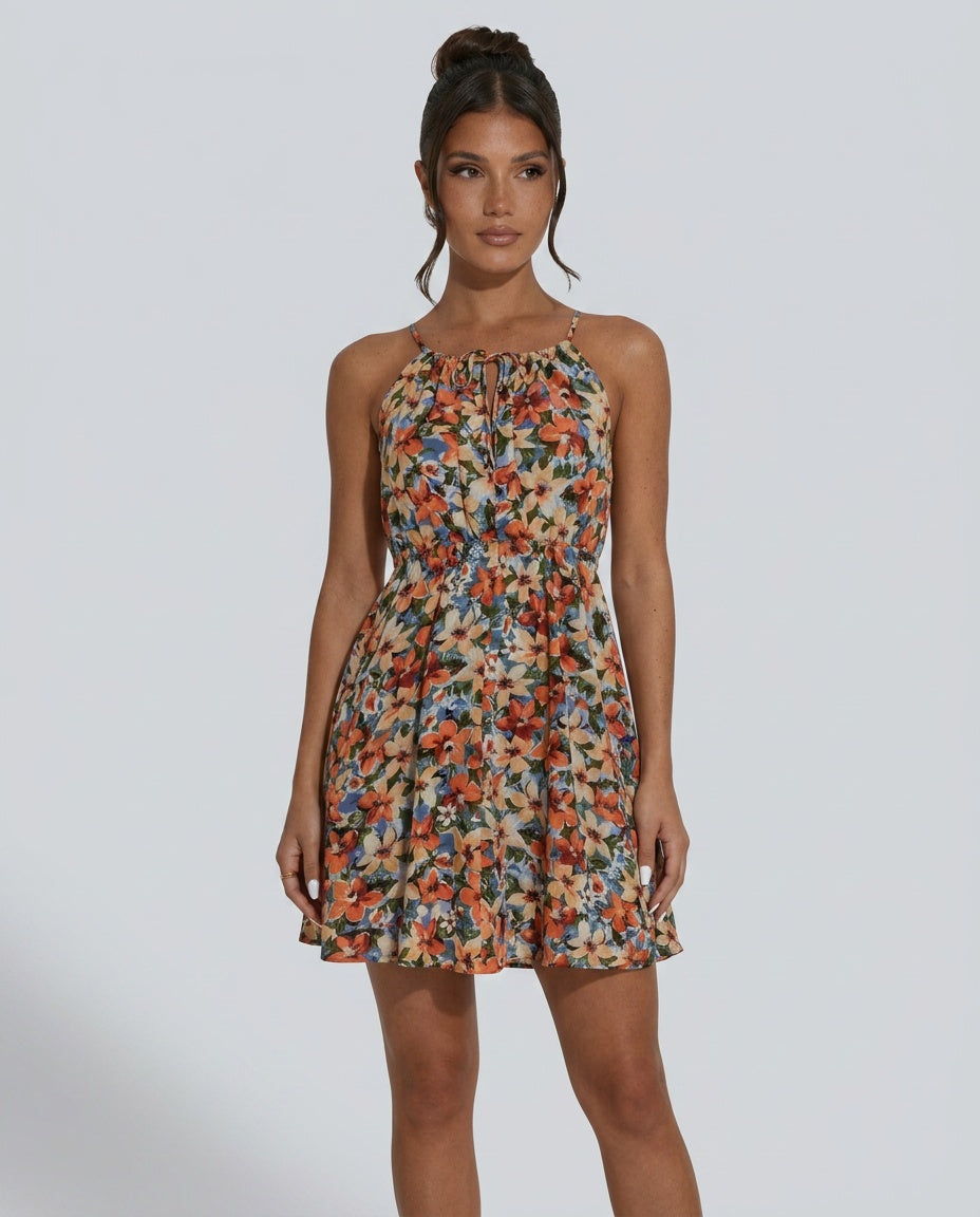 Odette | Floral Ruched Spaghetti Strap Mini Dress