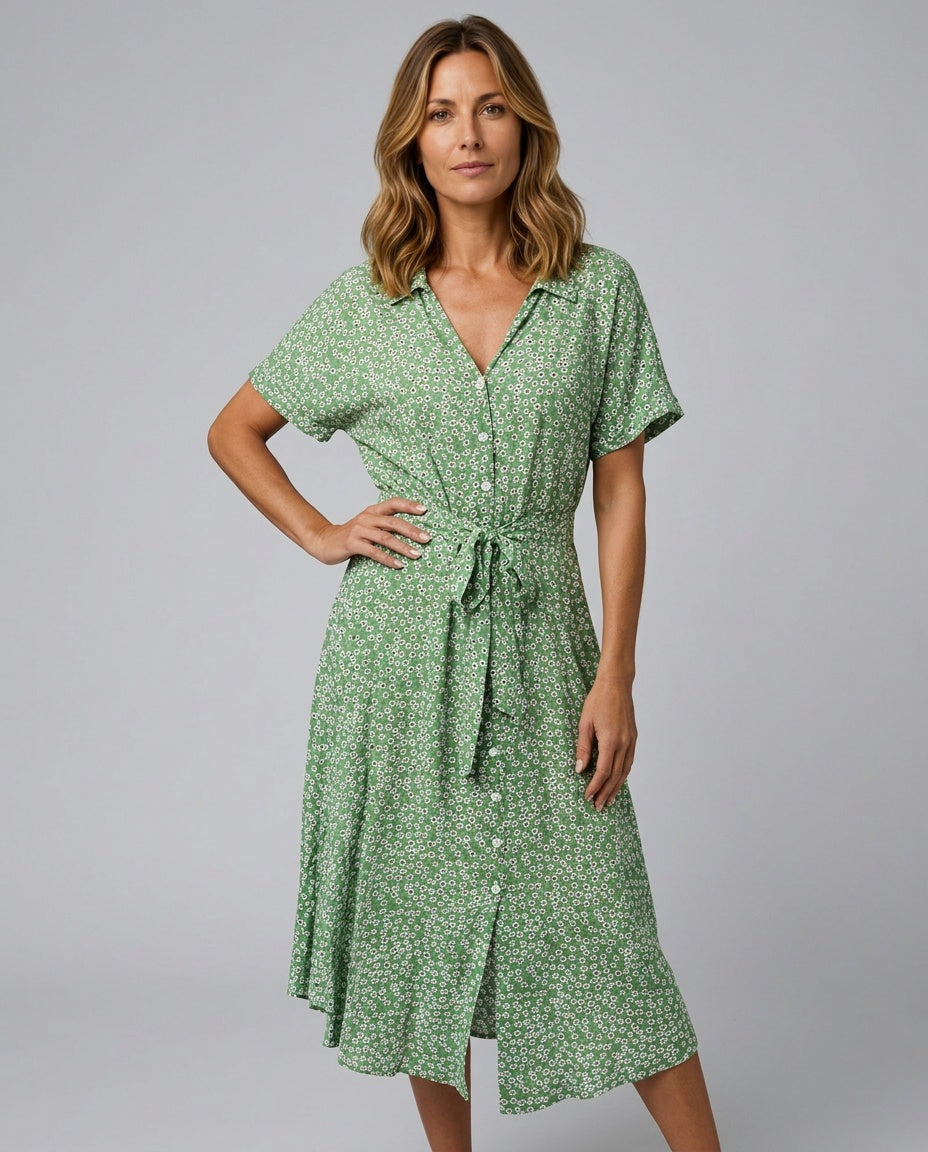 Flora | Floral Print Tie-Belt Midi Dress