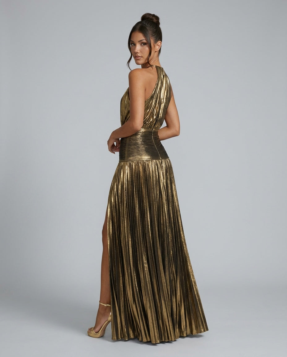 Hadley | Pleated Satin-Look Halter Neck Maxi Dress