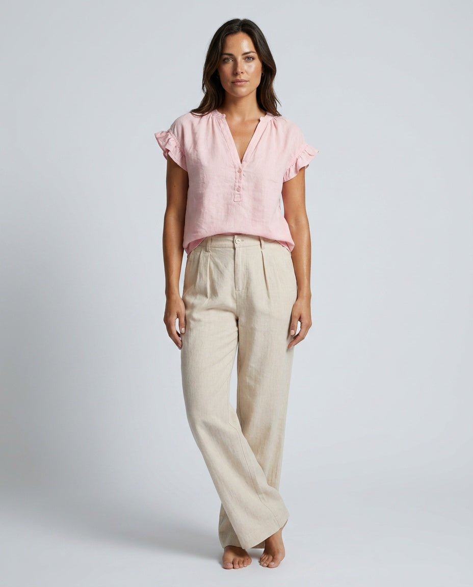 Ines | V-Neck Flared Sleeve Linen-Blend Blouse