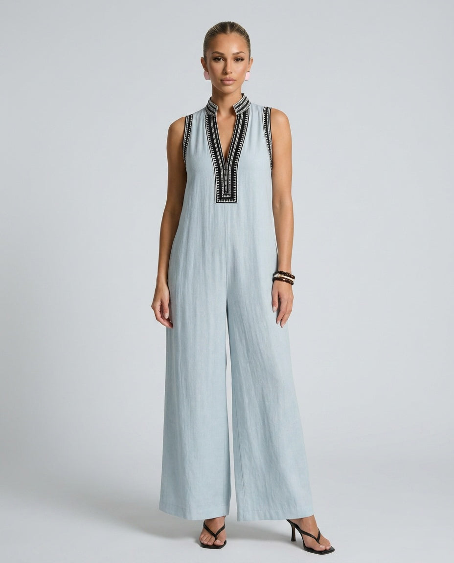 Velmira | Embroidered V-Neck Wide Leg Jumpsuit