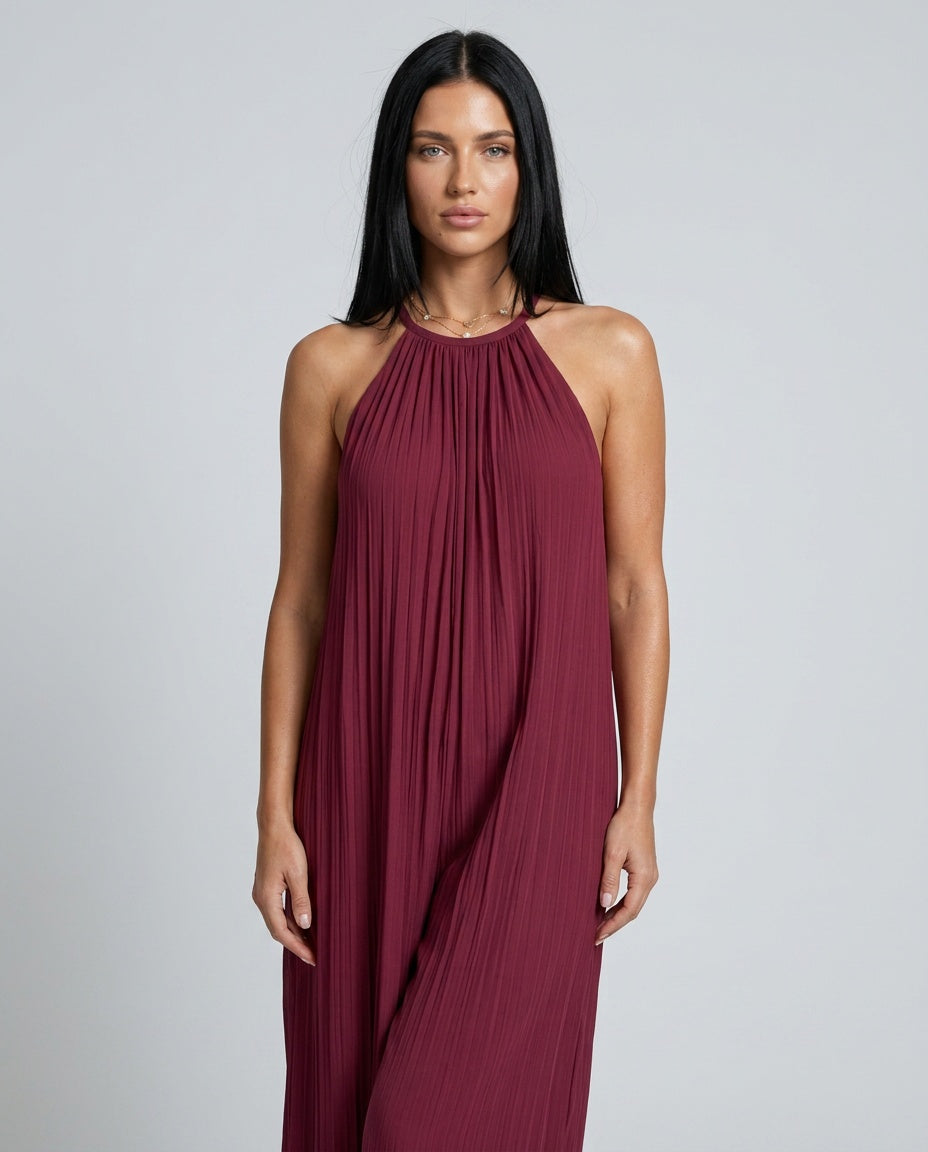 Sylvara | Pleated Halter Neck Wide Leg Jumpsuit