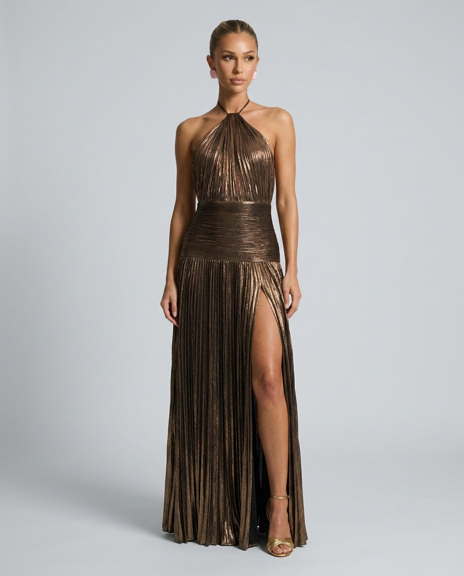 Esme | Pleated Halter Neck Open Back Maxi Dress