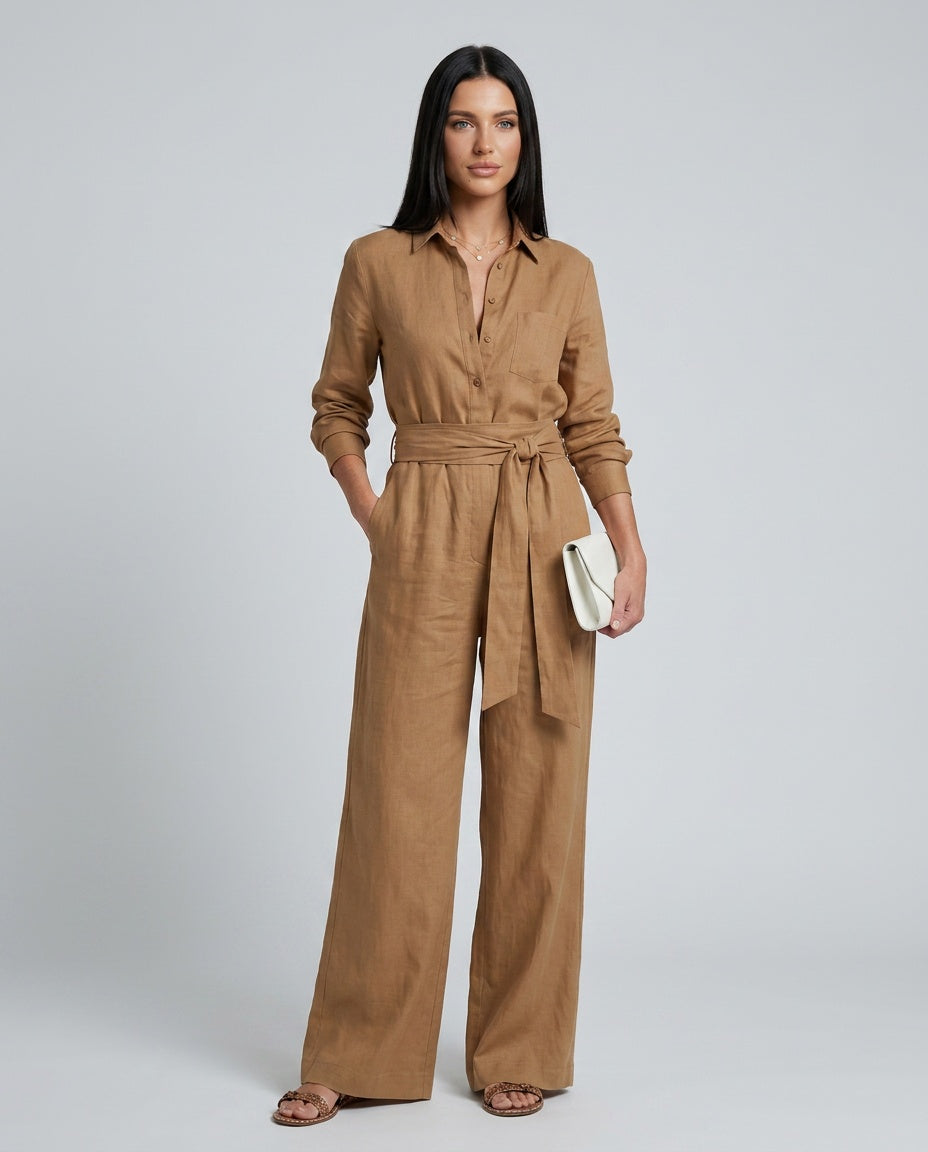 Jovie | Long Sleeve Button Front Wide Leg Jumpsuit