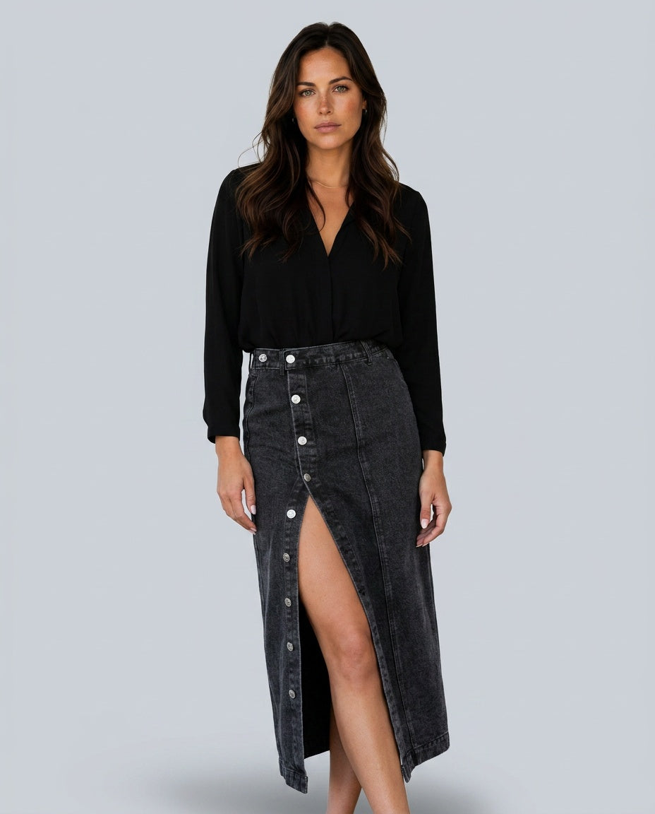Fleur | High Waist Button Front Denim Pencil Midi Skirt
