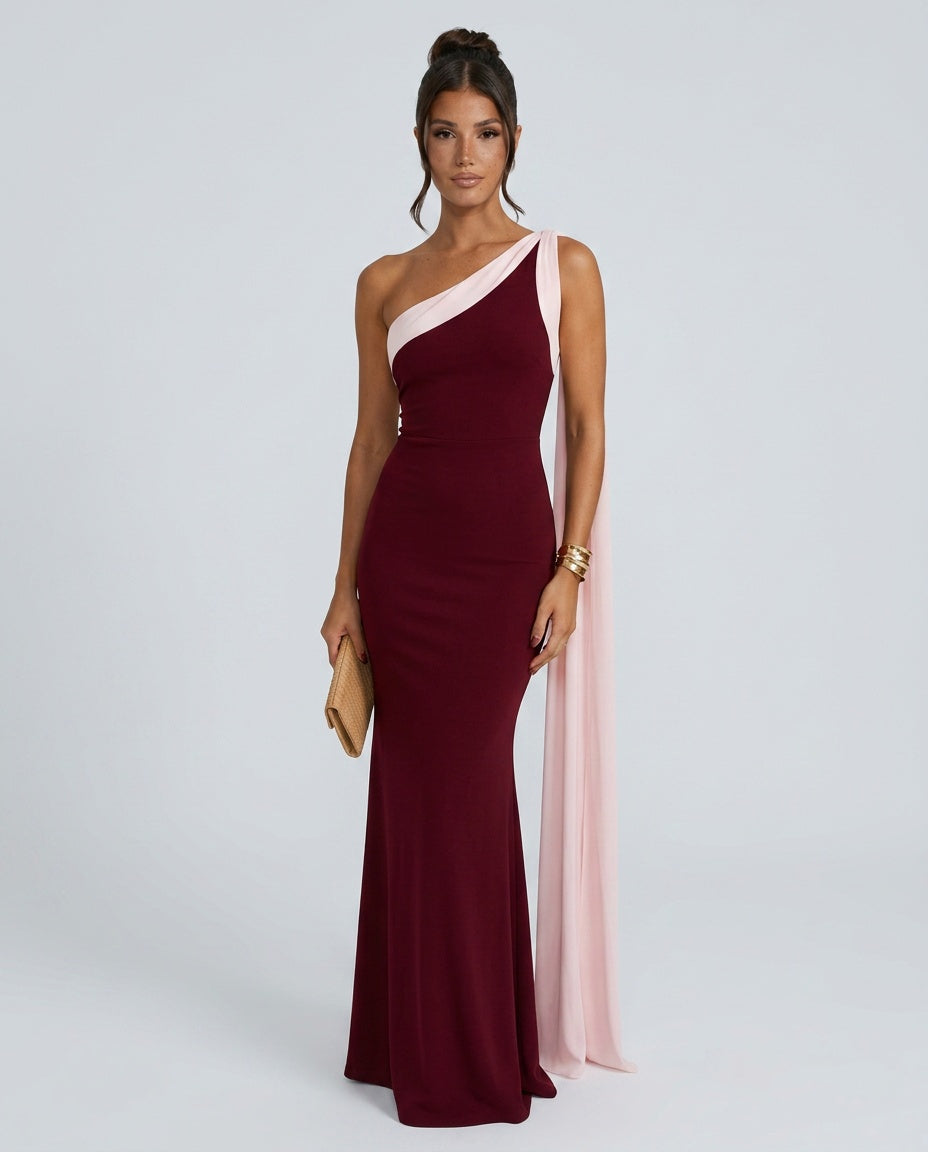 Quinn | Asymmetric Neckline Chiffon-Look Maxi Dress