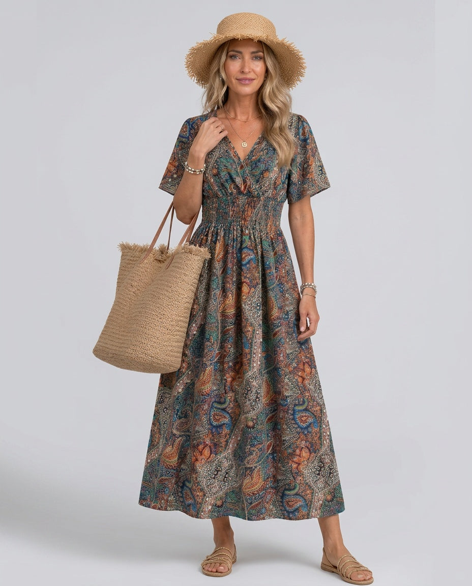 Marina | Bohemian Paisley Smocked V-Neck Maxi Dress