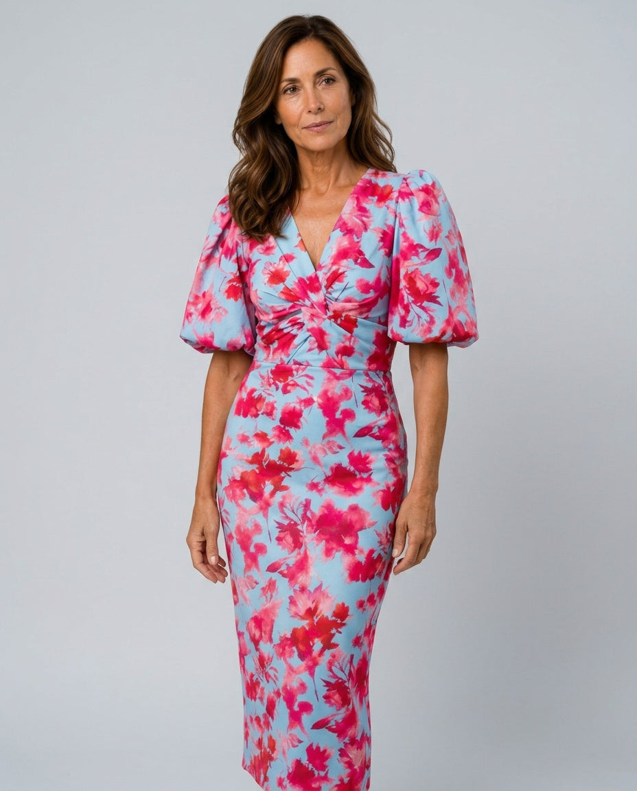Vashti | Abstract Print Puff Sleeve Ruched Midi Dress