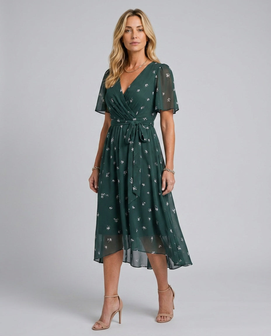 Hazel | Flutter Sleeve Gathered Waist Floral Midi Dress