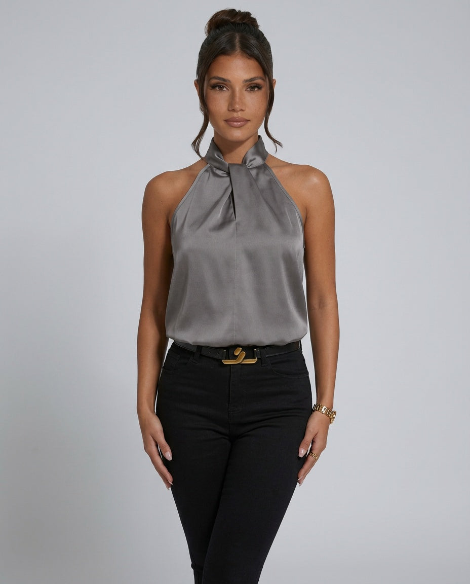 Gemma | Knotted Collar Flowy Satin-Look Top