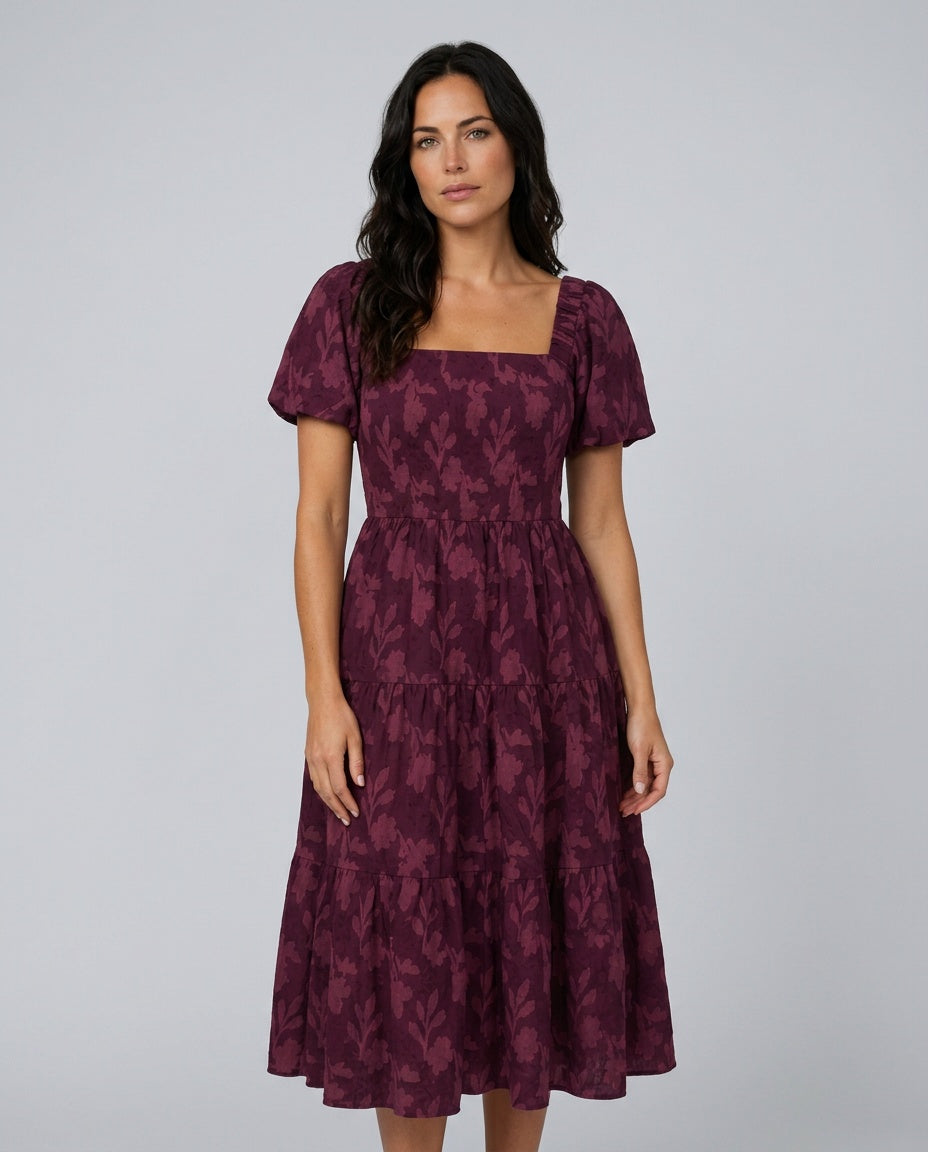 Della | Short Sleeve Textured Floral Midi Dress