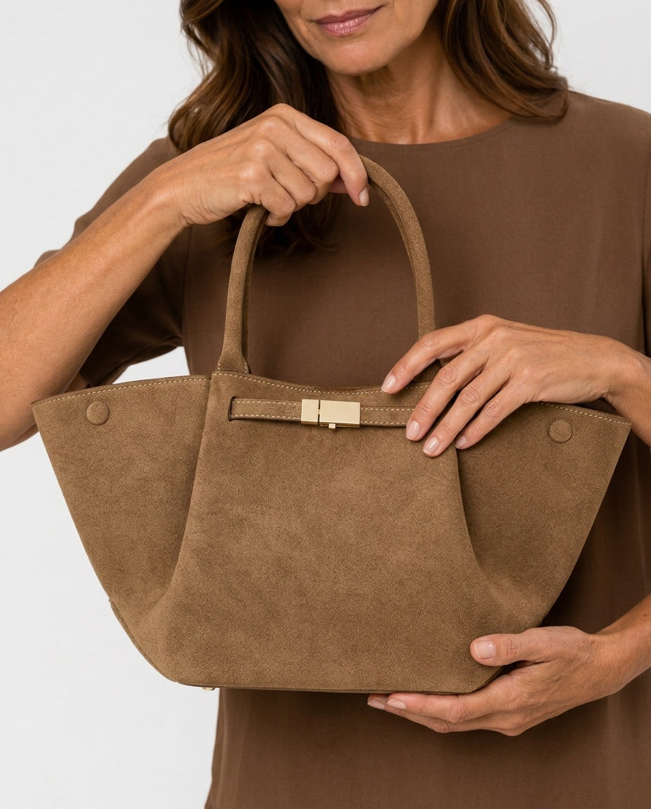 Minimalist Vegan Suede Tote Bag with Gold Lock