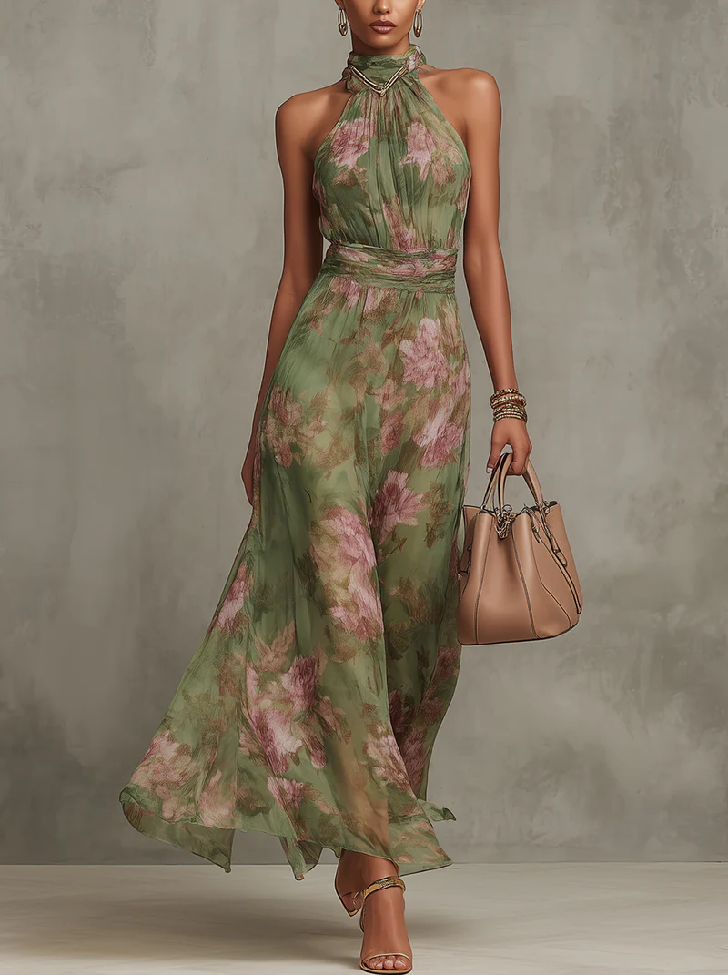 Hazel | Floral Halter Neck Maxi Dress