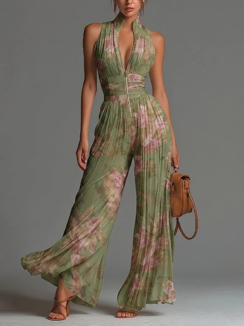 Lisette | Pleated Floral Jumpsuit with Wide-Leg Trousers