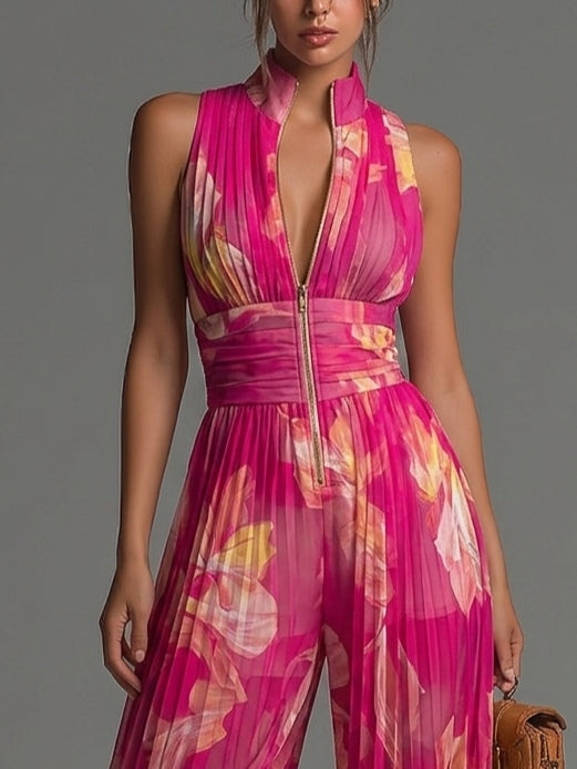 Zsofia | Floral Pleated Chiffon-Look Jumpsuit