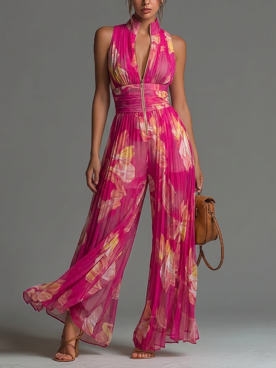 Zsofia | Floral Pleated Chiffon-Look Jumpsuit