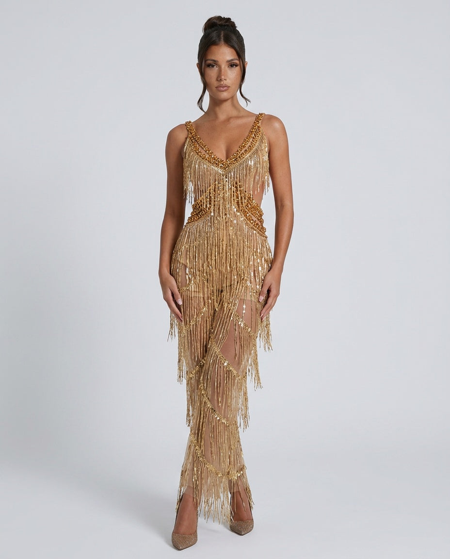 Emerson | V-Neck Rhinestone Fringe Jumpsuit