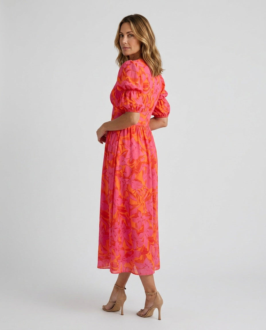 Paloma | Floral V-Neck Puff Sleeve Midi Dress