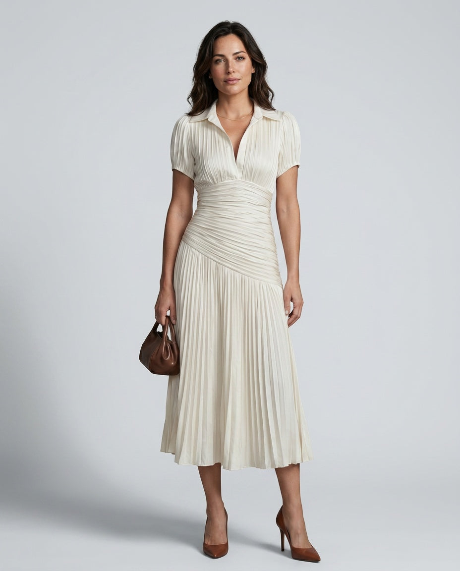 Theodora | Pleated Waistline Stripe Midi Dress
