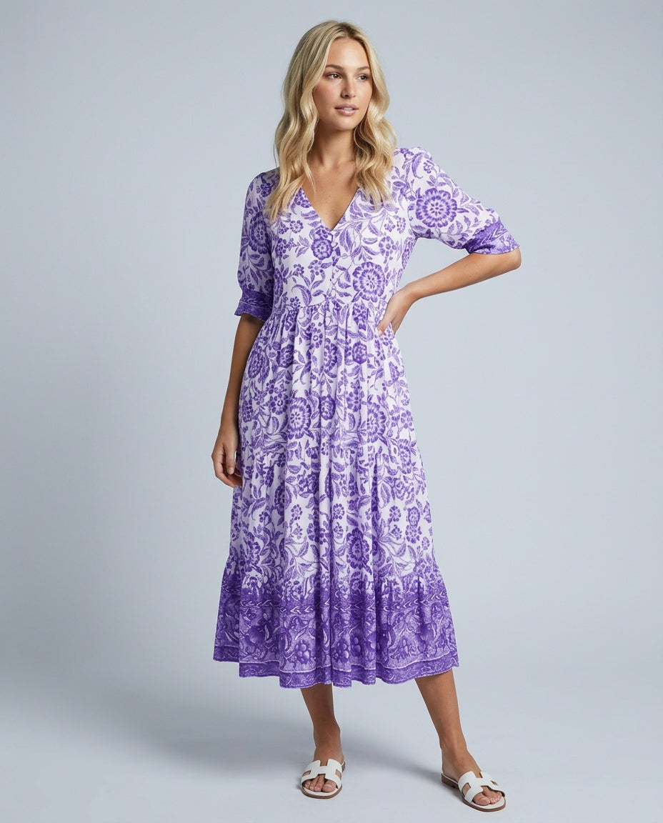 Kinsley | V-Neck Floral Print Midi Dress