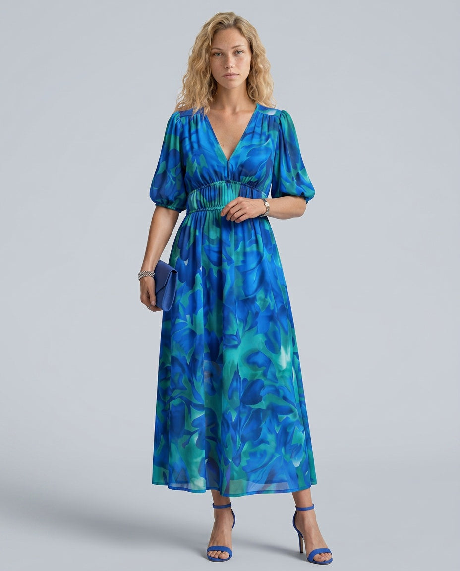 Coralie | Puff Sleeve V-Neck Abstract Print Midi Dress