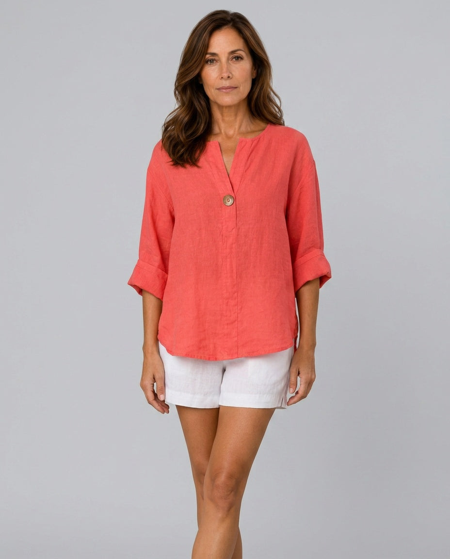 Orla | 3/4 Sleeve Open Collar Linen-Look Blouse