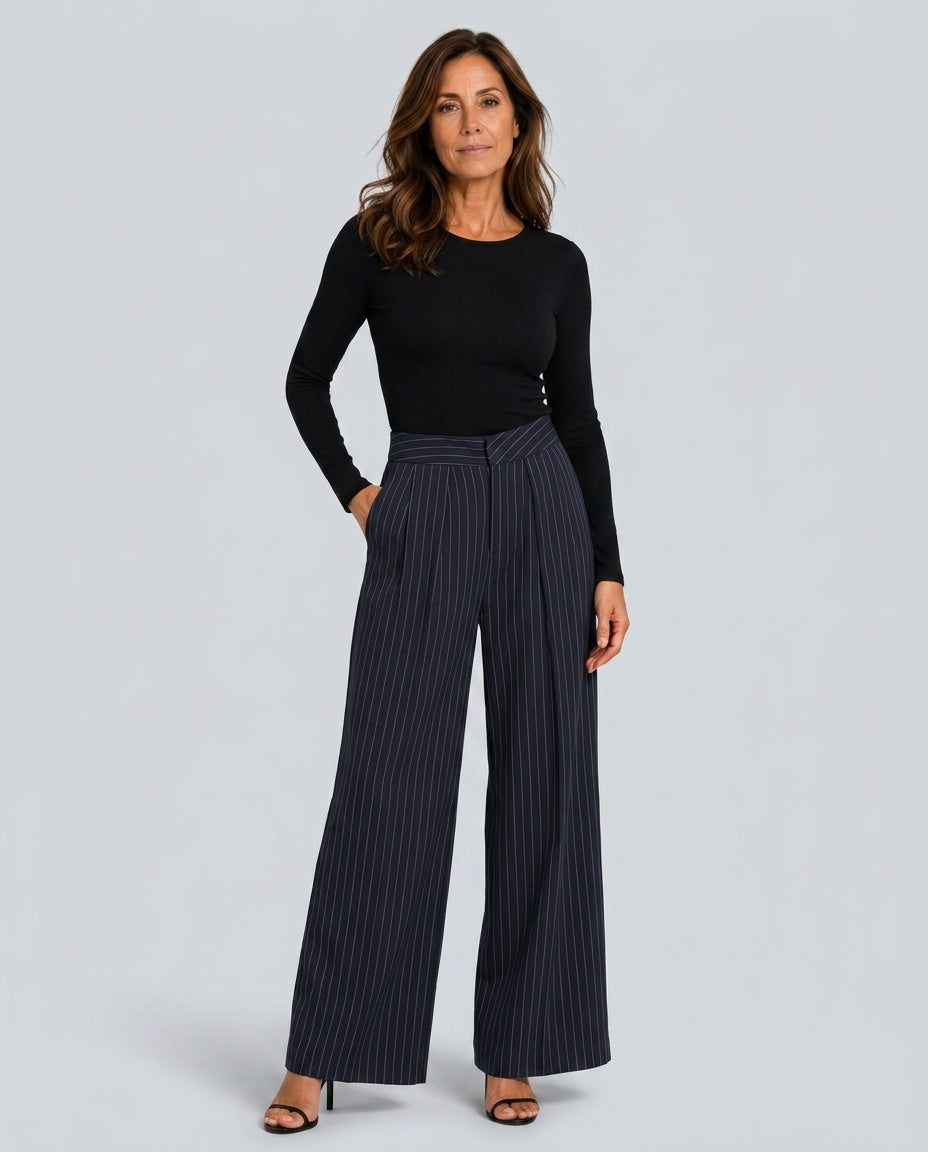 Freya | High Waist Striped Pleated Wide-Leg Trousers