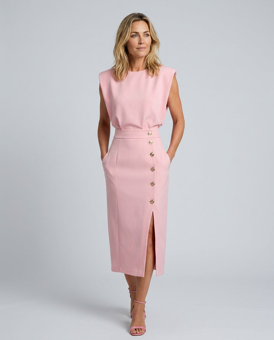 Wren | Structured Button-Front Midi Dress with Pockets