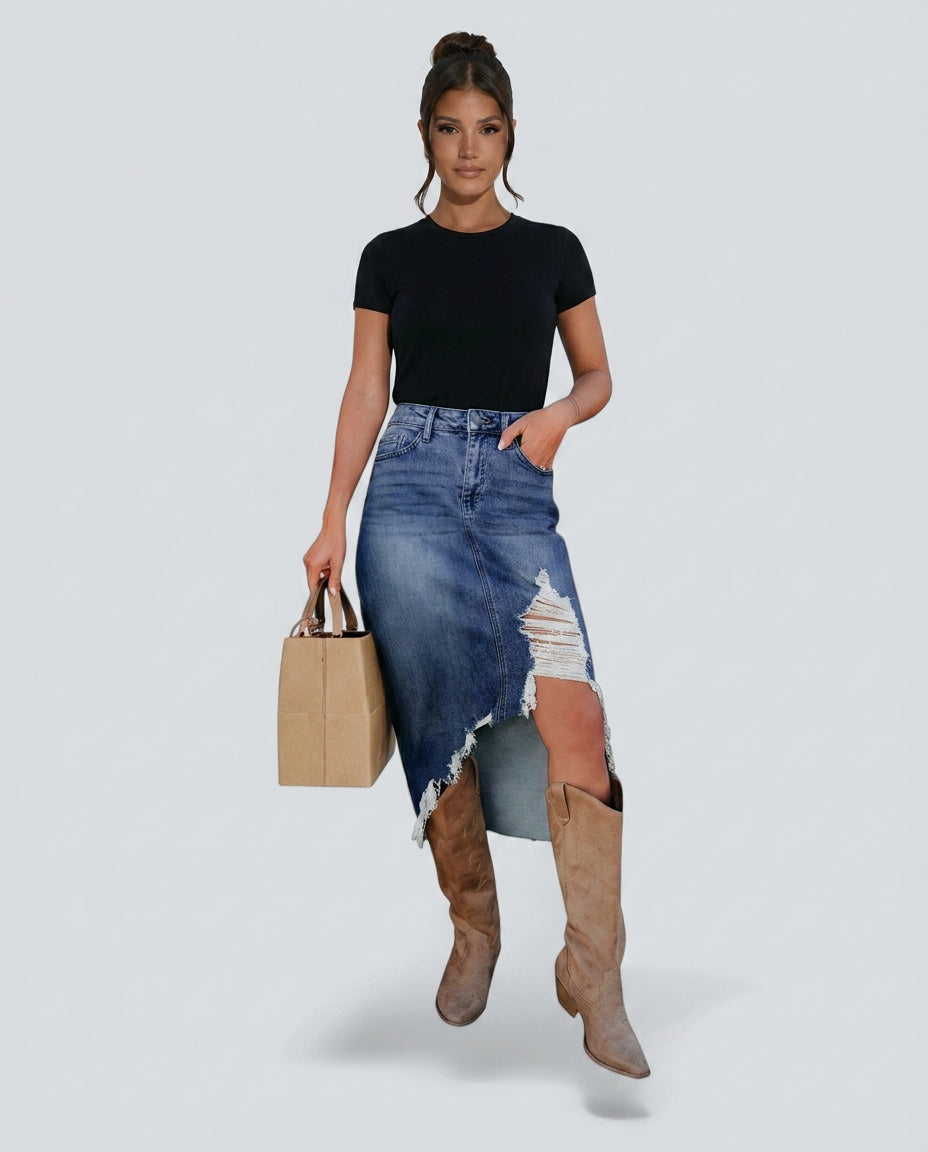 Vivienne | Distressed Asymmetric Raw Hem Denim Midi Skirt
