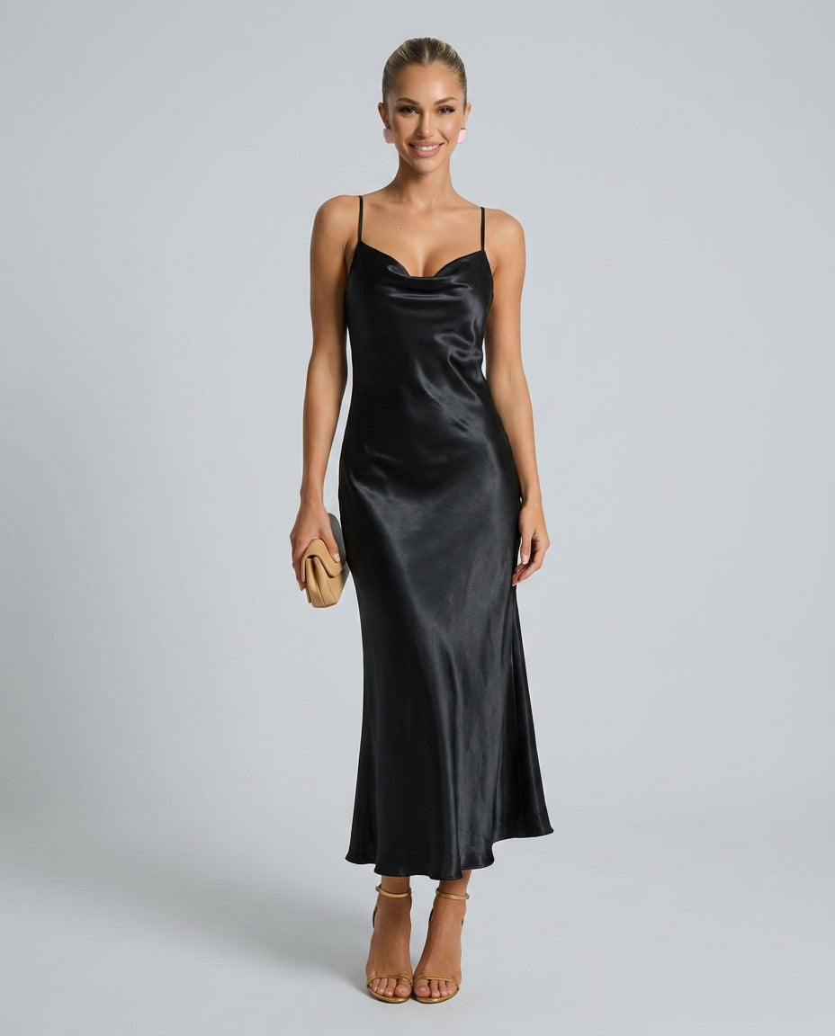 Vivienne | Cowl Neck Satin-Look Midi Dress