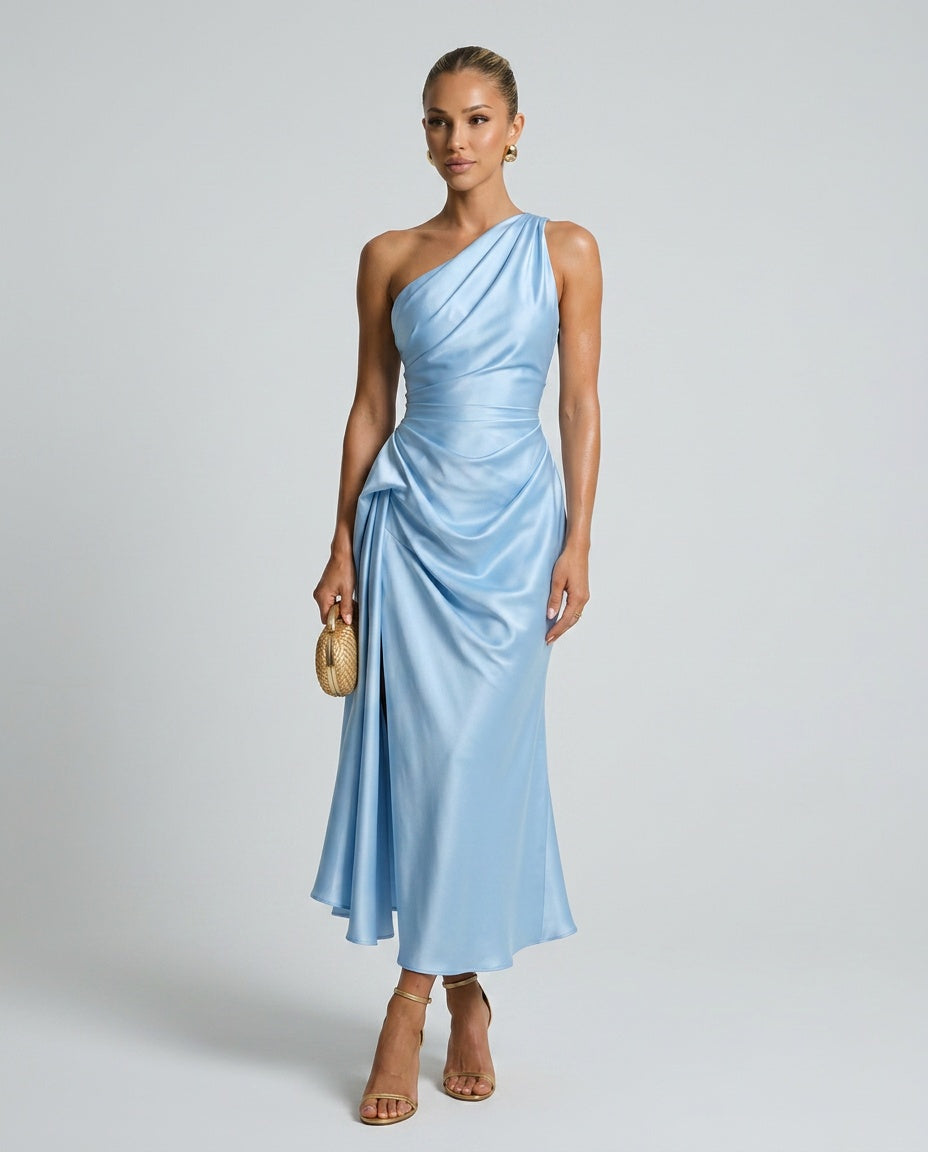 Seraphina | One-Shoulder Draped Satin-Look Midi Dress