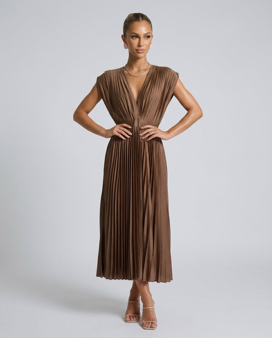 Elin | Pleated Deep V-Neck Midi Dress