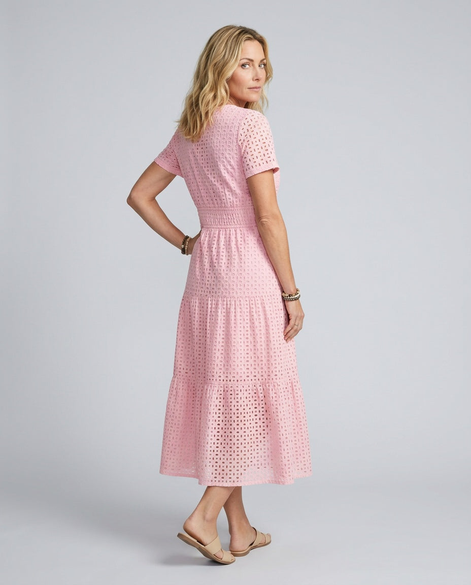 Tessa | Short Sleeve Eyelet Tiered Midi Dress