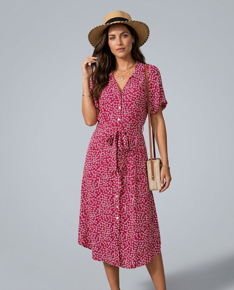 Flora | Floral Print Tie-Belt Midi Dress