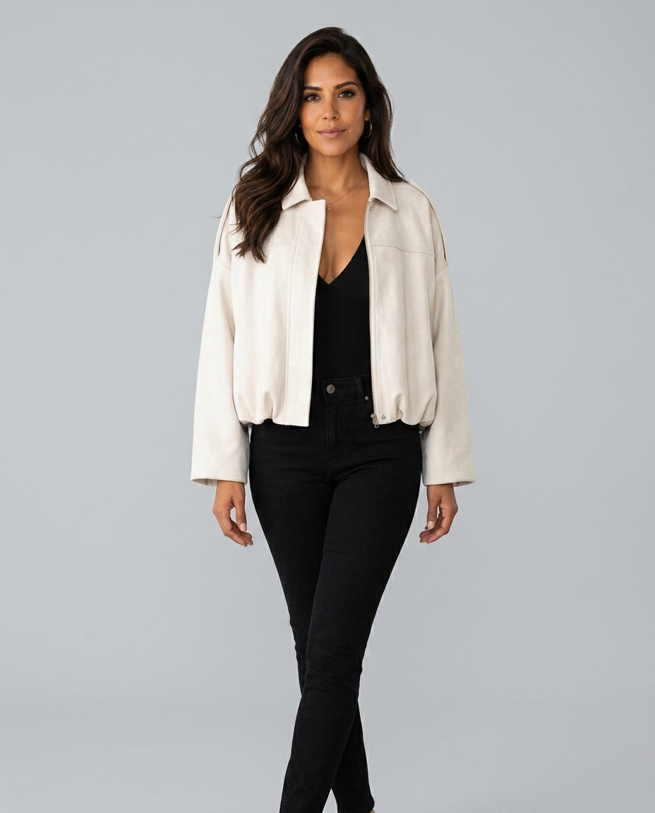 Quinn | Long Sleeve Faux Suede Bomber Jacket