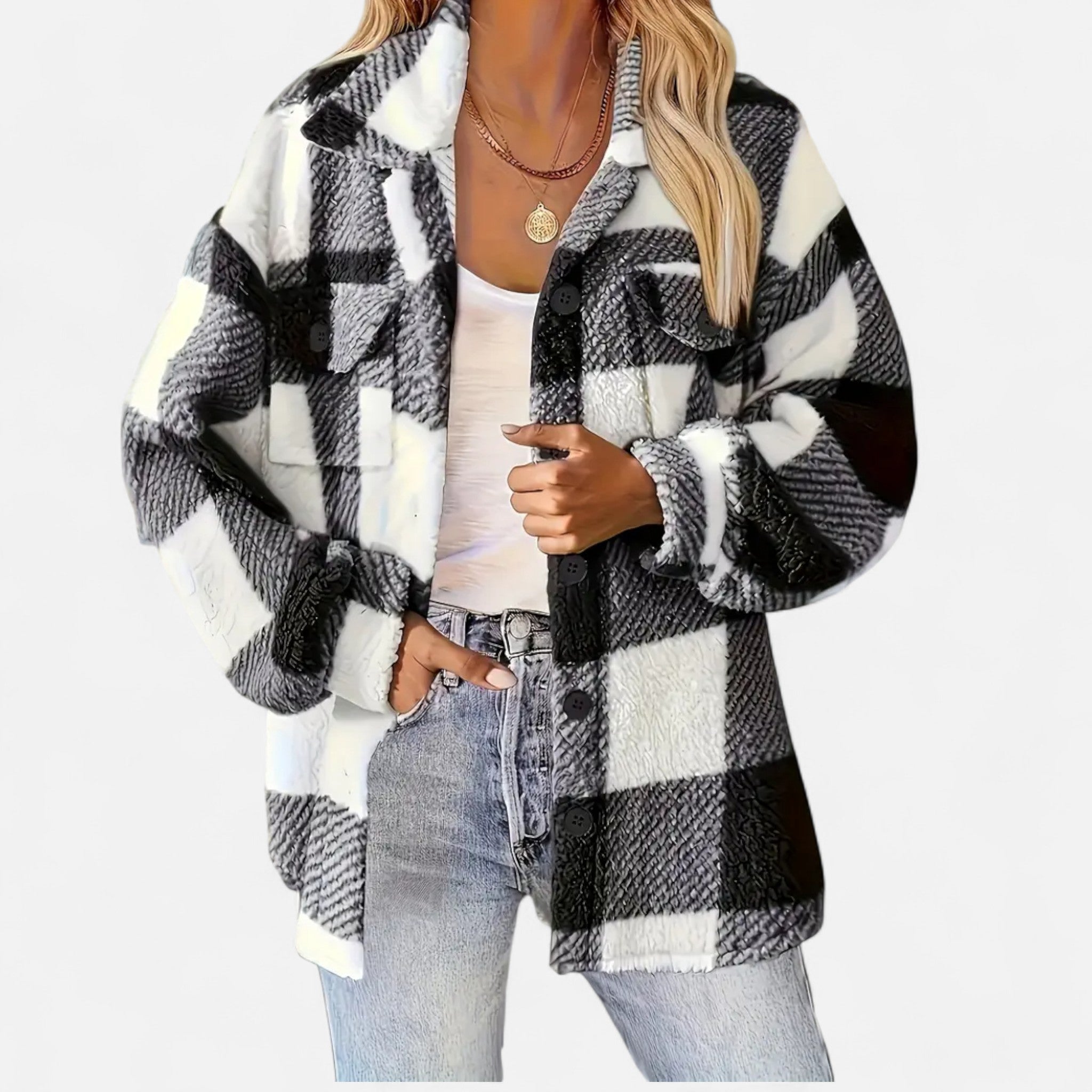Piper | Check Print Button Front Sherpa Jacket